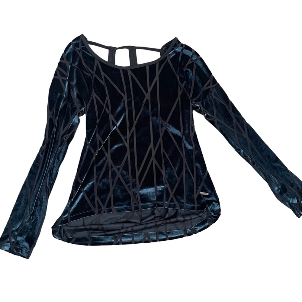Zobha Navy Blue Open Back Draped Geometric Whimsygoth Sheer Long Sleeve Shirt - Picture 3 of 11